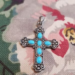 Silver Cross Pendant with Turquoise Accents!!! VINTAGE!!! GORGEOUS!!! Marked 925